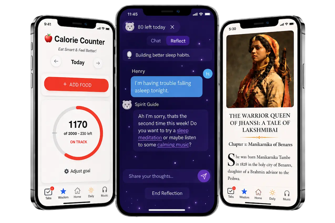 HealthySpiritGuide app shown on three iPhones - calorie counter, AI Spirit Guide reflection, and stories