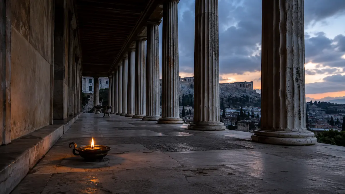 Weathered marble columns of an ancient Greek stoa at dusk, a lamp burning in the colonnade