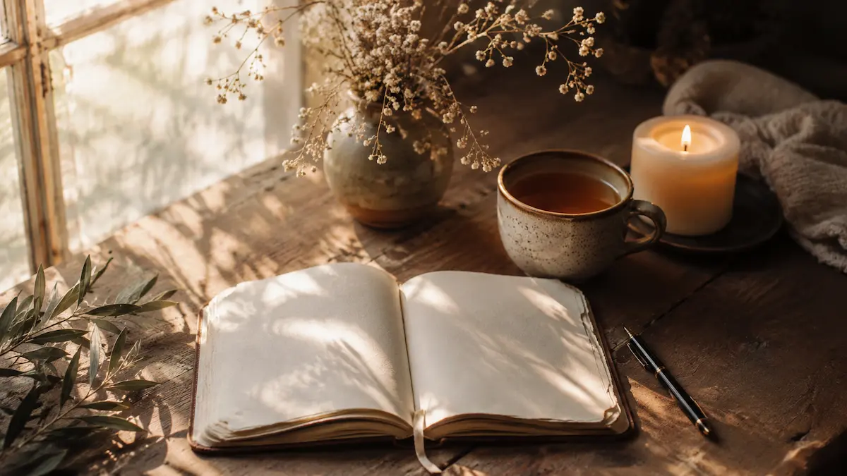 An open journal and pen in soft morning light, the setup for how to start a prayer journal for beginners