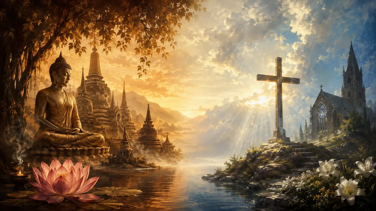 A seated Buddha and a standing cross on the same hillside, for the question can you be Buddhist and Christian at the same time