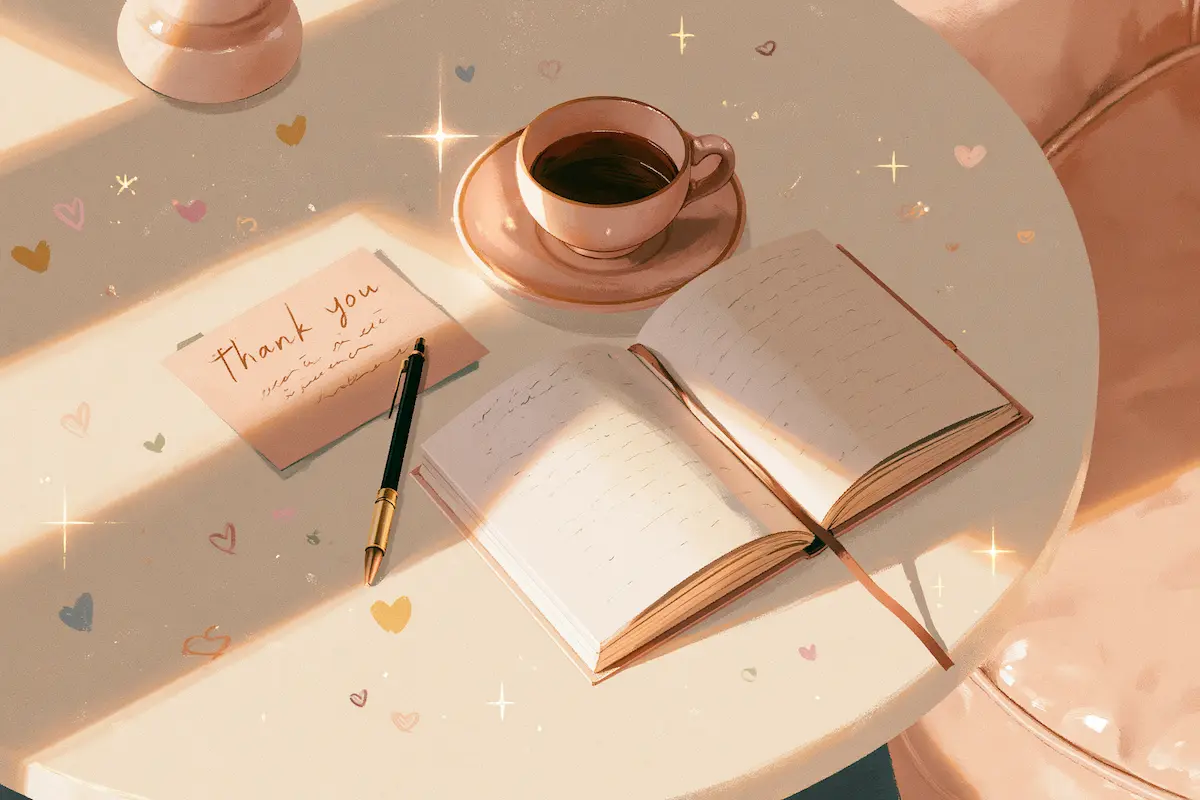 A handwritten thank-you note beside an open journal and a cup of coffee in soft morning light, the small habit at the heart of how to actually be grateful